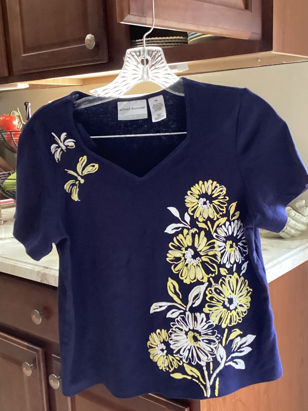 Alfred Dunner Navy Floral V-Neck Short Sleeve Top